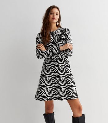 Black Zebra Print Jacquard Jersey Long Sleeve Mini Swing Dress