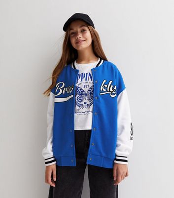 Girls Bright Blue Brooklyn Varsity Logo Bomber Jacket New Look