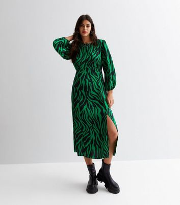 Green Zebra Print Crew Neck Long Sleeve Midi Dress New Look