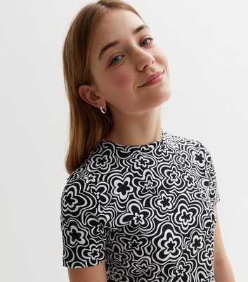 Girls Black Floral Doodle Print Jersey Short Sleeve T-Shirt