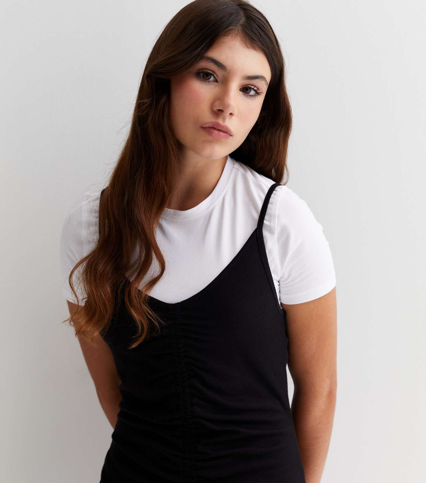 Girls Black 2 in 1 Ruched T-Shirt Dress Image 2