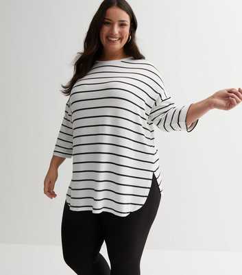 Curves White Stripe Fine Knit 3/4 Sleeve Batwing Top
