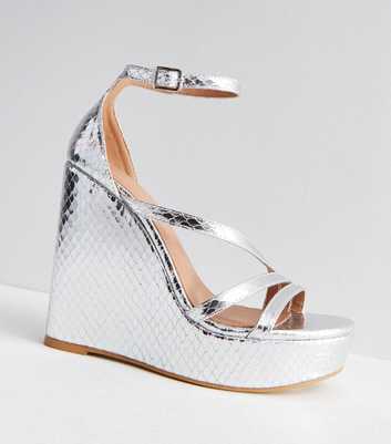 Silver Metallic Faux Snake Wedge Heel Platform Sandals