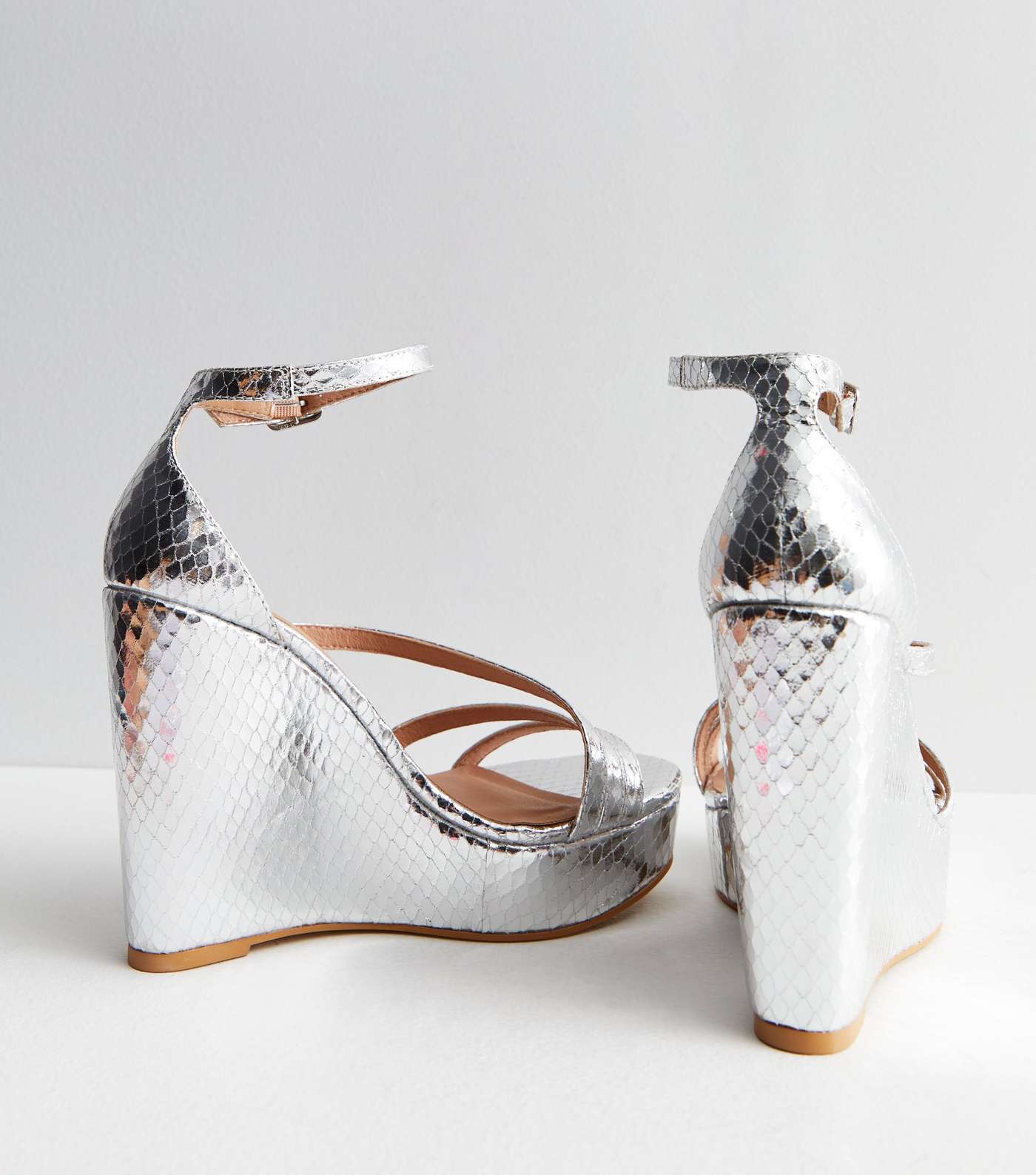 Silver Metallic Faux Snake Wedge Heel Platform Sandals Image 3