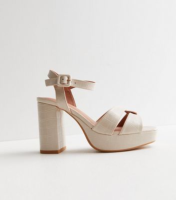 Off White Faux Croc Platform Block Heel Sandals New Look