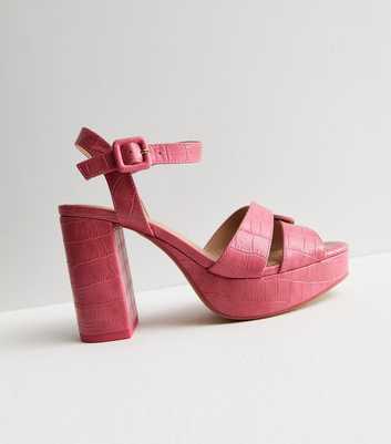 Bright Pink Faux Croc Platform Block Heel Sandals