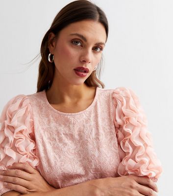 Pale Pink Floral Jacquard 1/2 Ruffle Sleeve Top | New Look