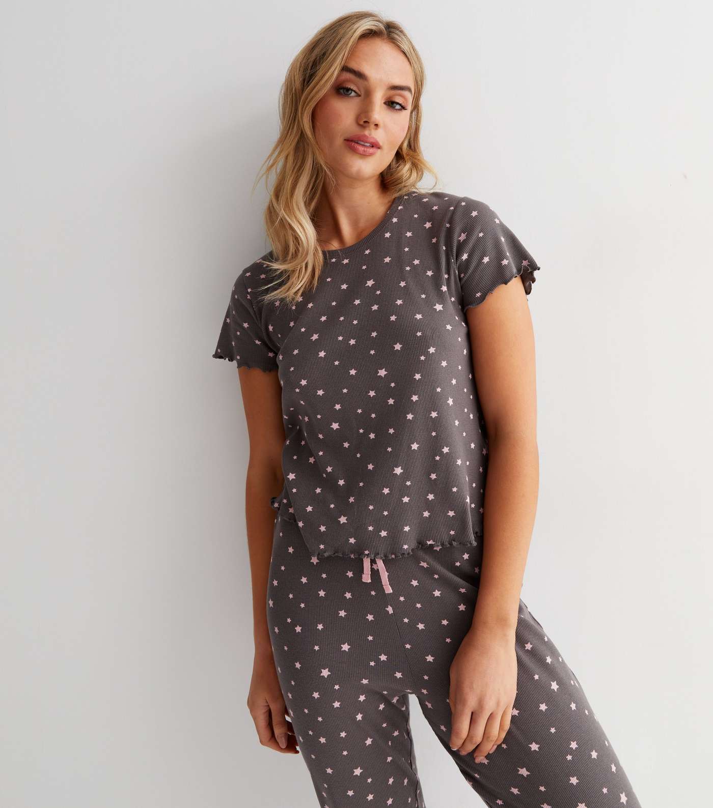 Light Grey Ribbed Frill Jogger Pyjama Set with Star Print Image 2