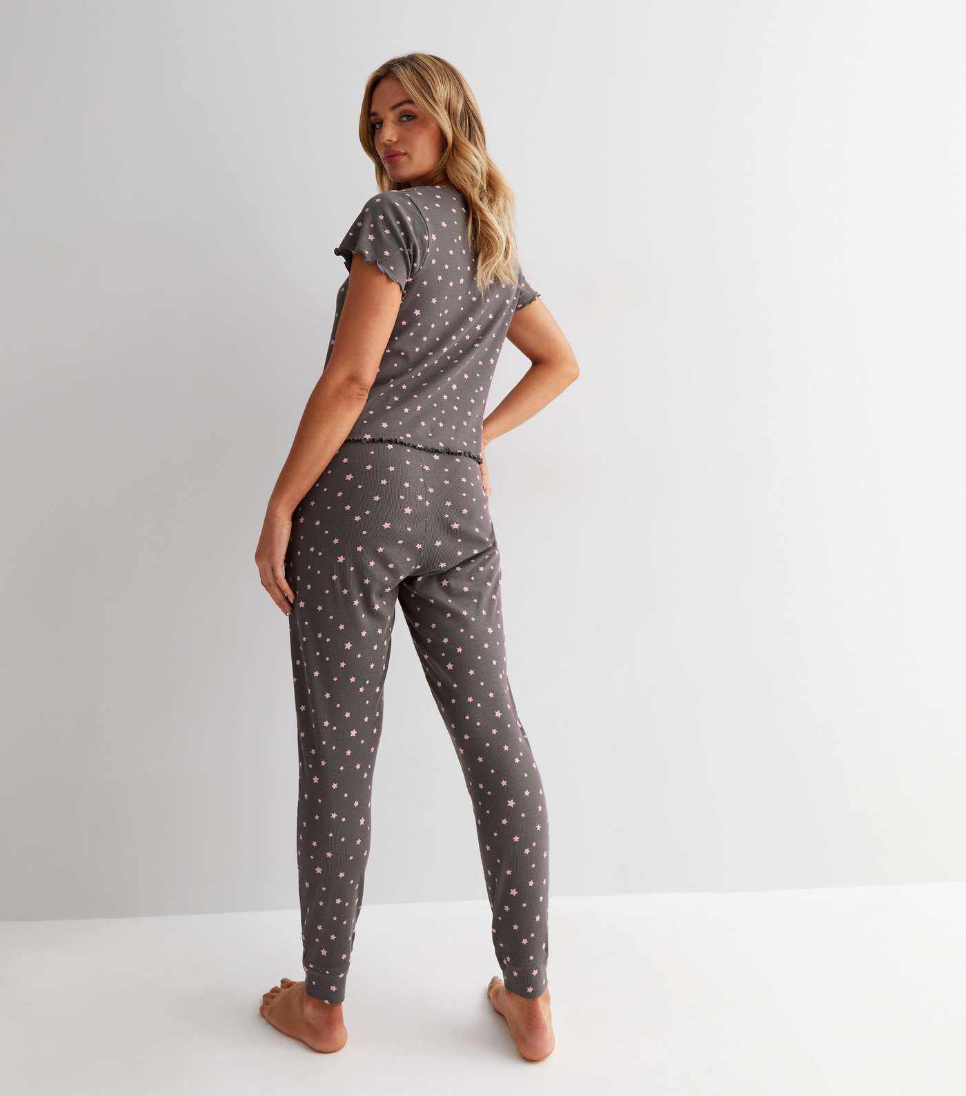Light Grey Ribbed Frill Jogger Pyjama Set with Star Print Image 4