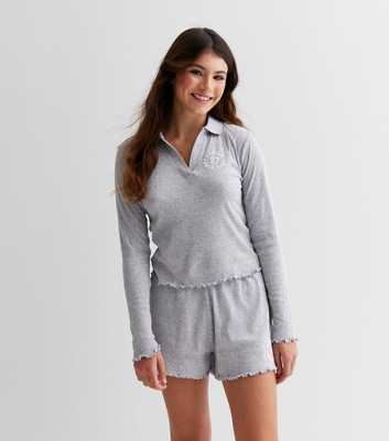 Girls Light Grey Ribbed Jersey Collared Top and Shorts Lounge Set