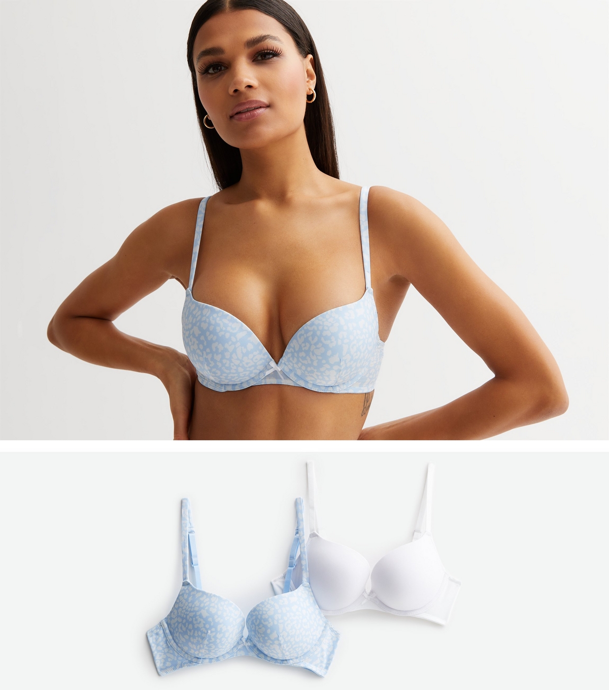 Women's 2 Pack Blue and White Leopard Print Push Up Bras New Look