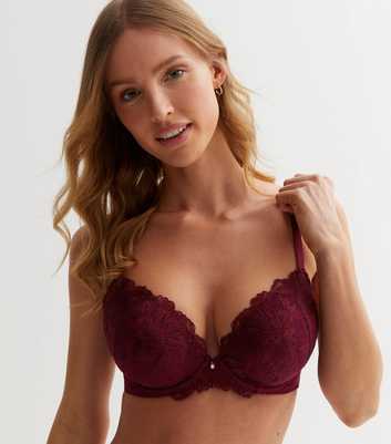 Burgundy DD+ Lace Diamanté Plunge Bra