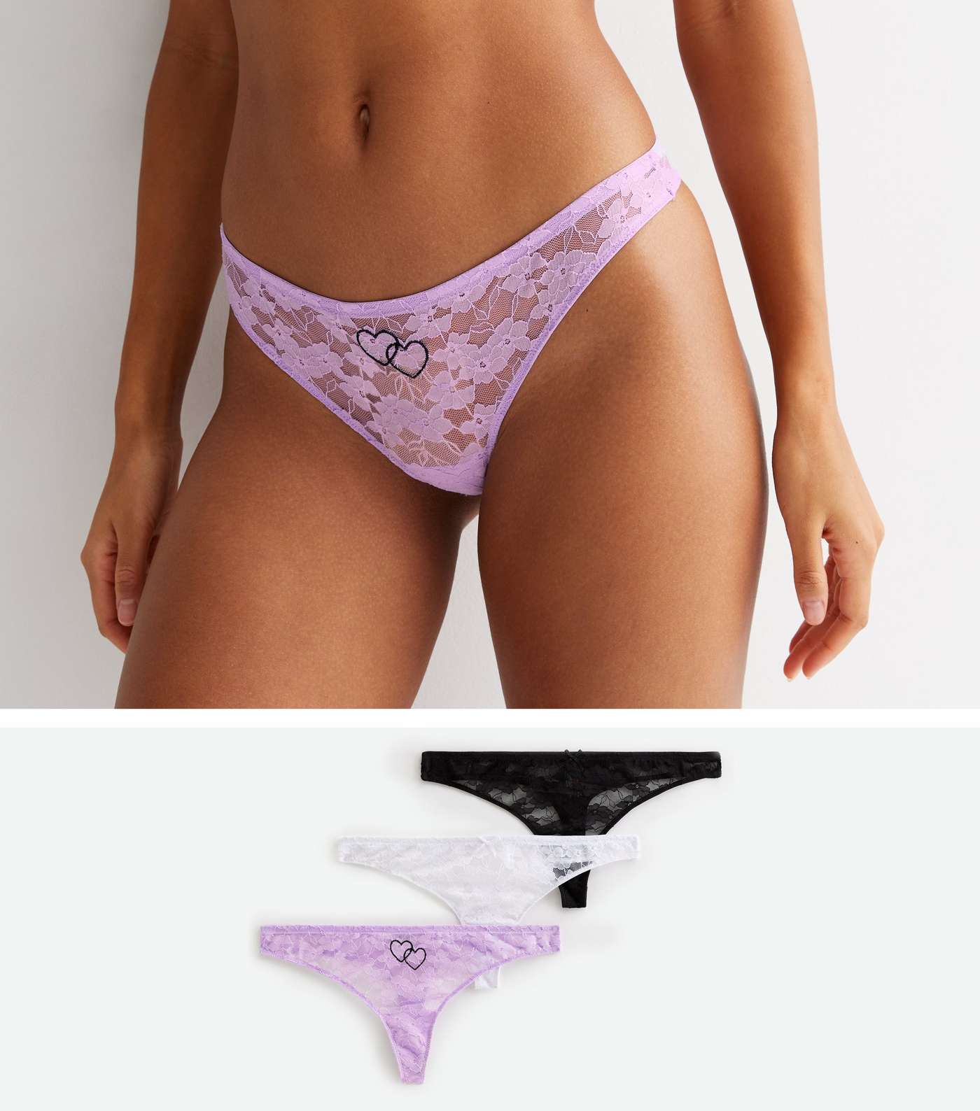 3 Pack Lilac Heart White and Black Lace Thongs