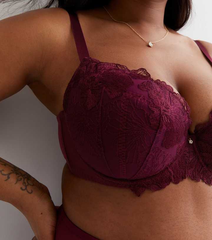 Burgundy DD+ Lace Diamanté Plunge Bra