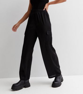 Black Satin Cargo Trousers  New Look