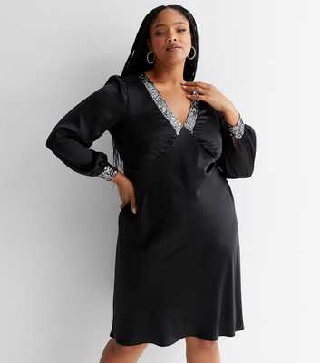 Curves Black Satin V Neck Long Sleeve Sequin Trim Mini Dress