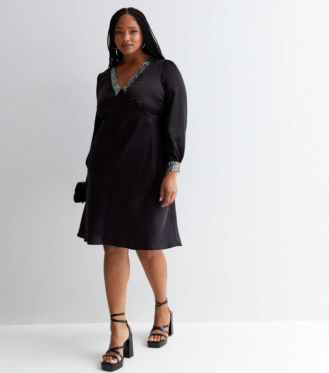 Curves Black Satin V Neck Long Sleeve Sequin Trim Mini Dress Image 2