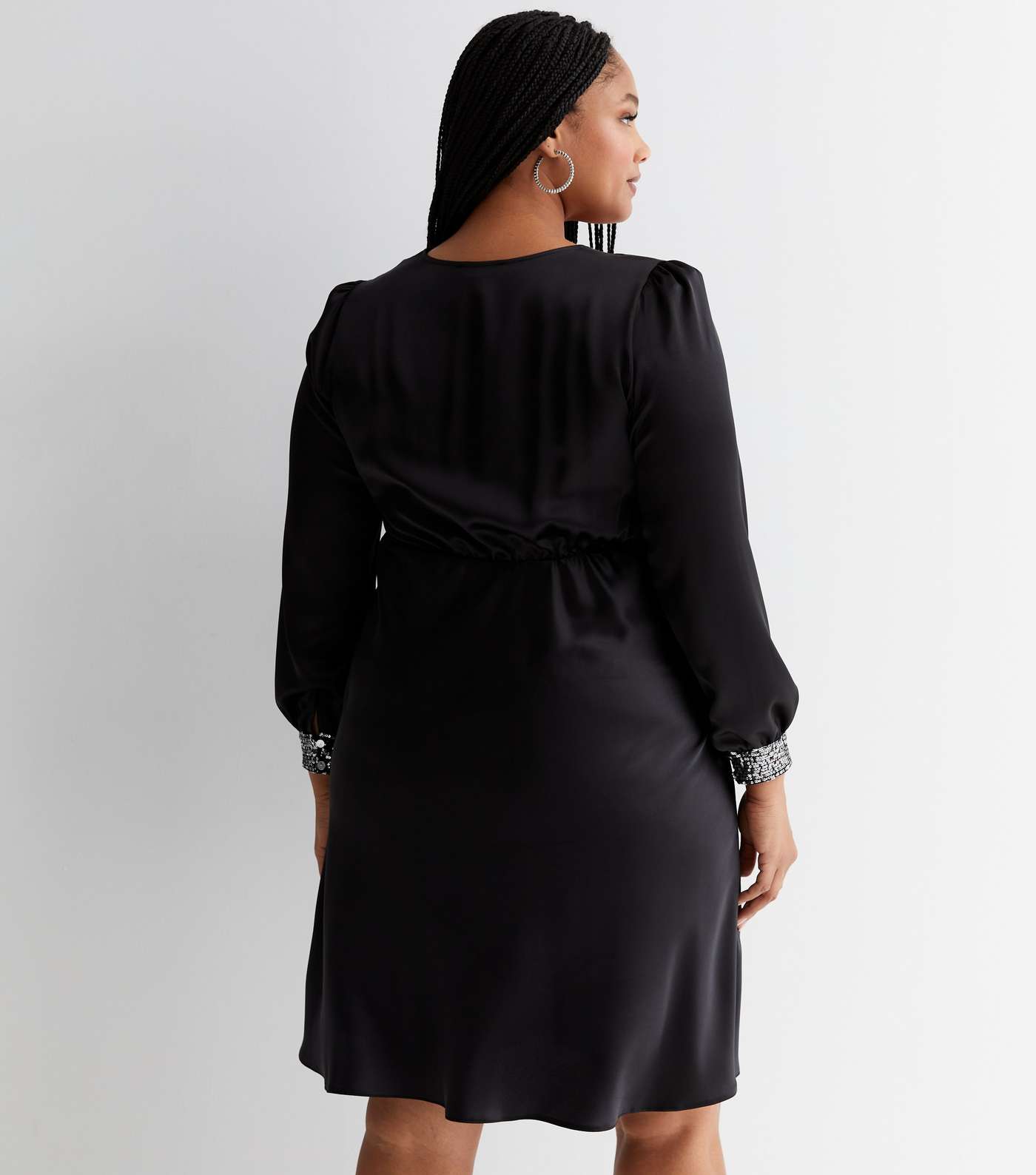 Curves Black Satin V Neck Long Sleeve Sequin Trim Mini Dress Image 4