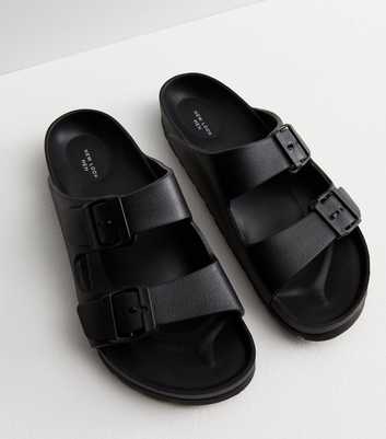 Black Double Buckle Strap Footbed Sliders