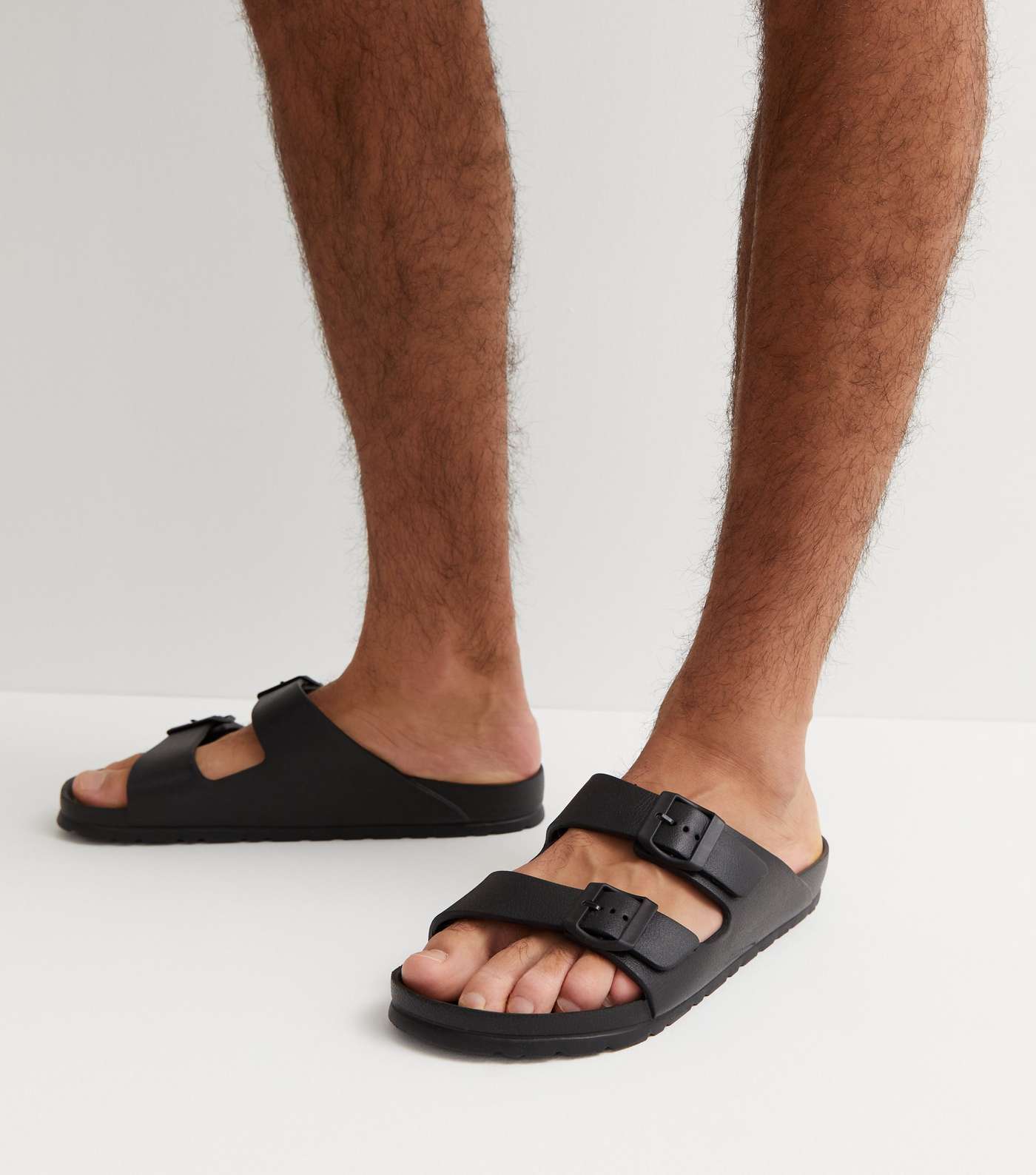 Black Double Buckle Strap Footbed Sliders Image 2