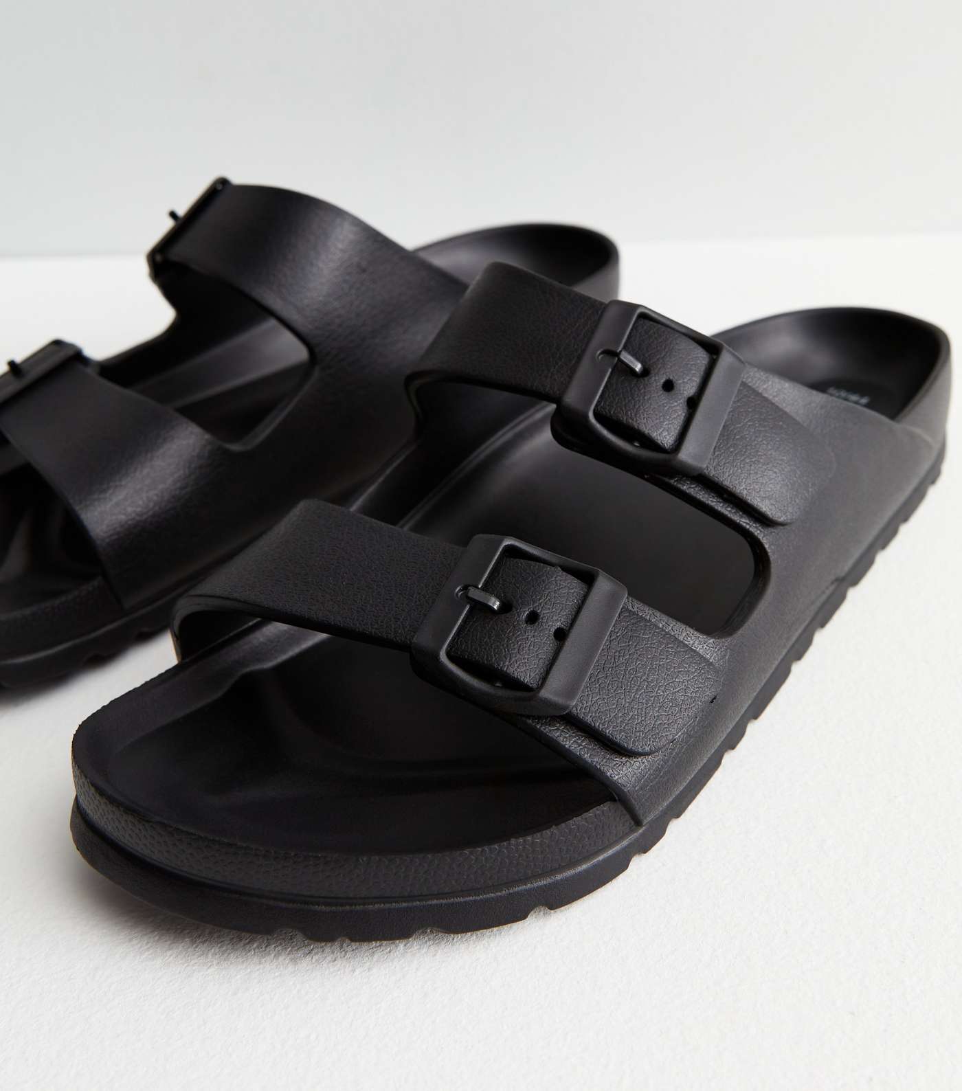 Black Double Buckle Strap Footbed Sliders Image 4