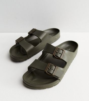 Khaki Double Buckle Strap Footbed Sliders