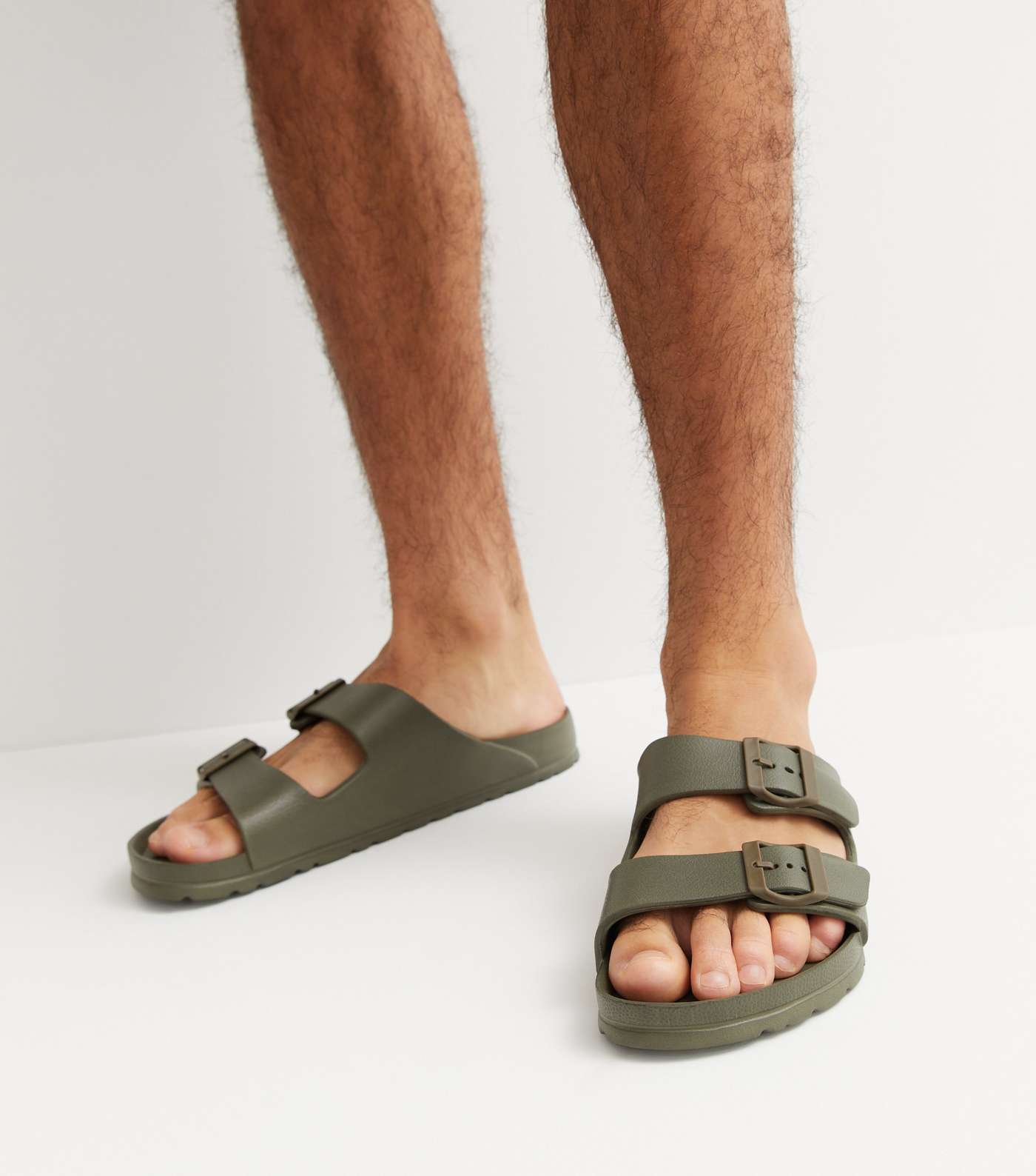 Khaki Double Buckle Strap Footbed Sliders Image 2