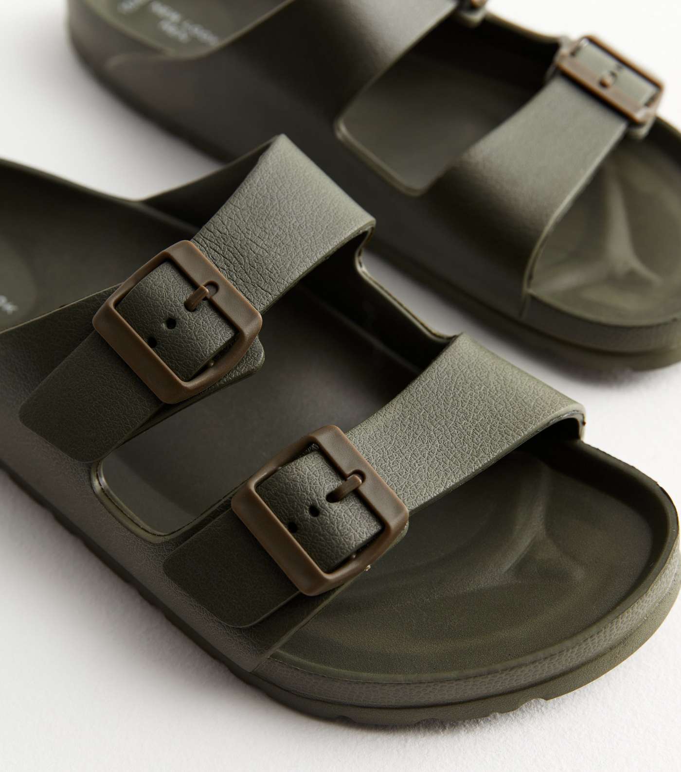 Khaki Double Buckle Strap Footbed Sliders Image 4