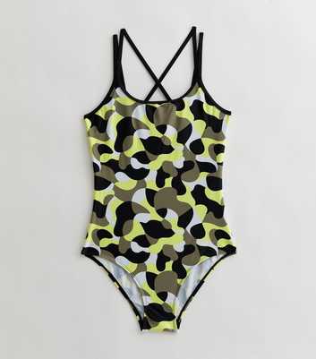 Girls Green Camo Strappy Back Swimsuit
