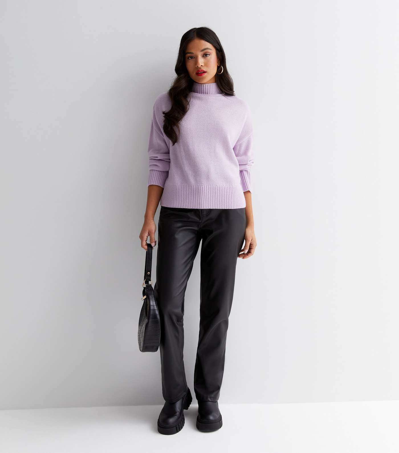 Petite Lilac Knit High Neck Long Sleeve Jumper Image 2