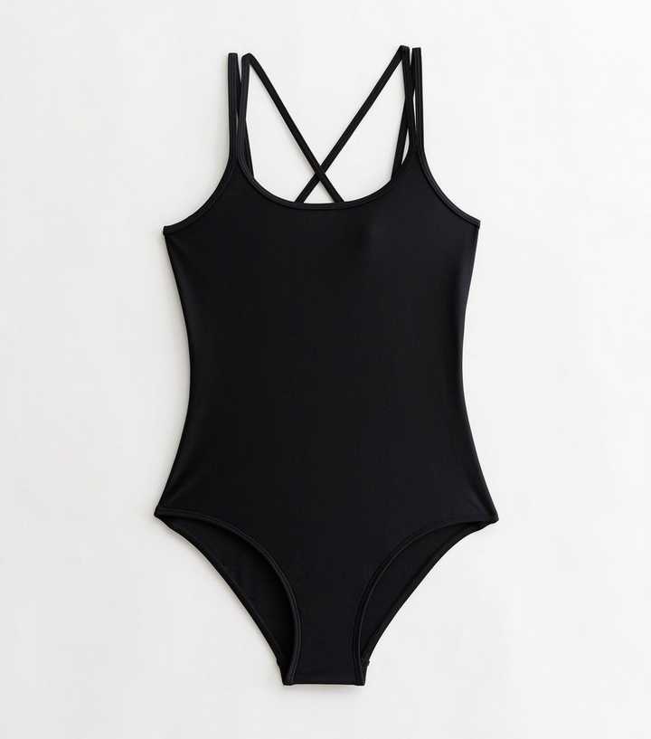 Girls Black Strappy Back Swimsuit