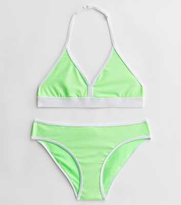 Girls Green Contrast Trim Triangle Bikini Set