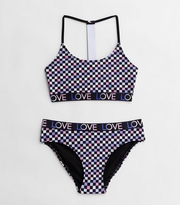 Girls Multicoloured Check Love Tape Logo Crop Bikini Top and Bottom Set New Look
