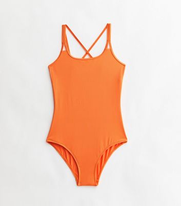Girls Bright Orange Ribbed Strappy Back Swimsuit New Look