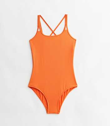 Girls Bright Orange Ribbed Strappy Back Swimsuit