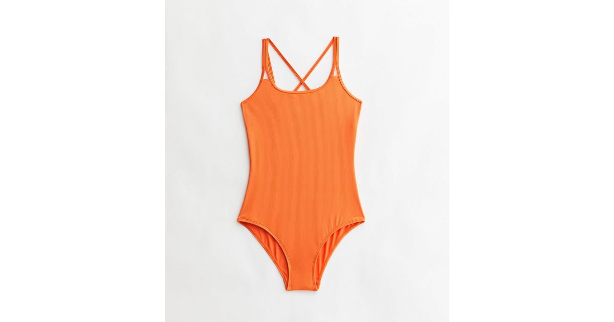 Girls Bright Orange Ribbed Strappy Back Swimsuit | New Look