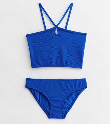 Girls Blue Cut Out Strappy Crop Bikini Set