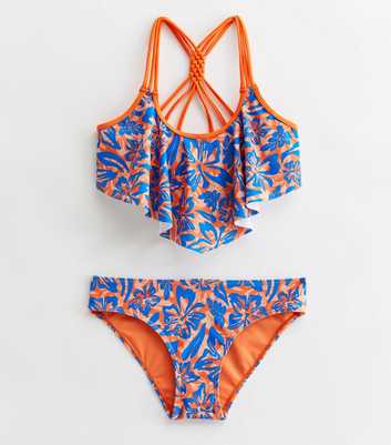 Girls Orange Floral Macrame Frill Crop Bikini Set