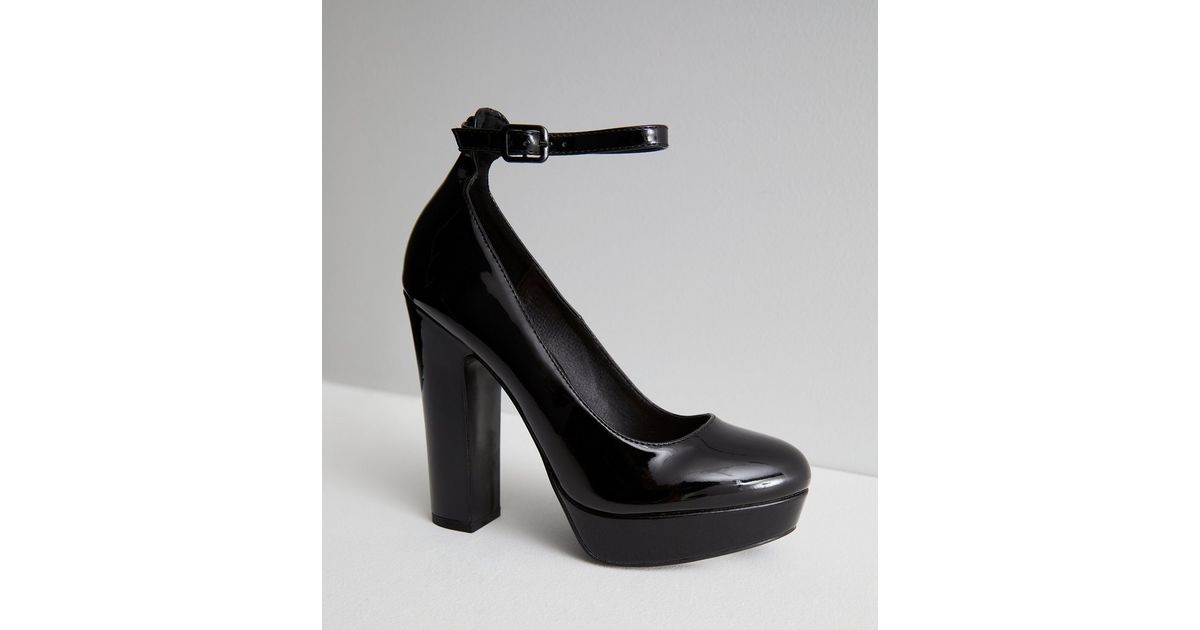 Black Patent Block Heel Platform Court Shoes | New Look