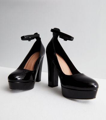 Black Patent Block Heel Platform Court Shoes New Look