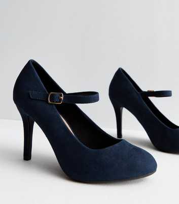 Wide Fit Navy Suedette Rounded Stiletto Heel Court Shoes