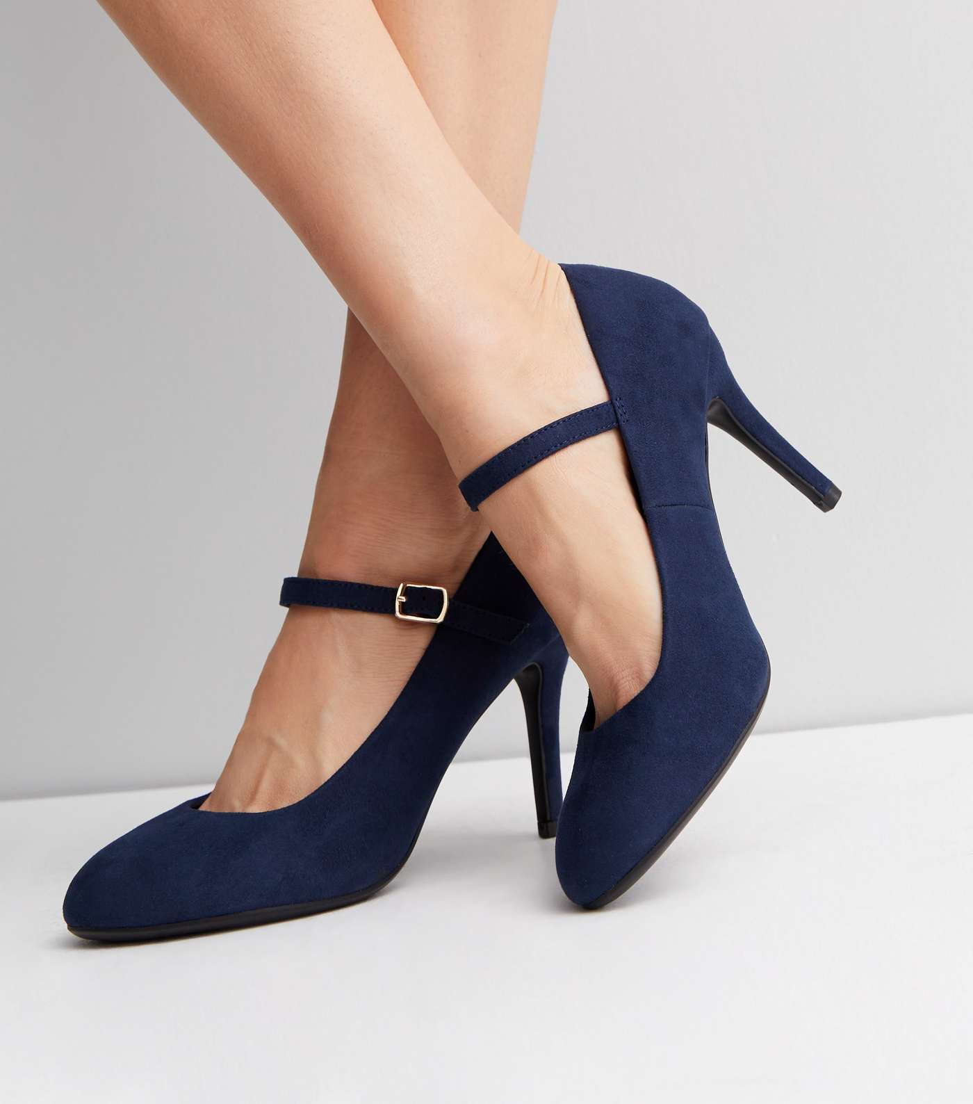 Wide Fit Navy Suedette Rounded Stiletto Heel Court Shoes Image 2