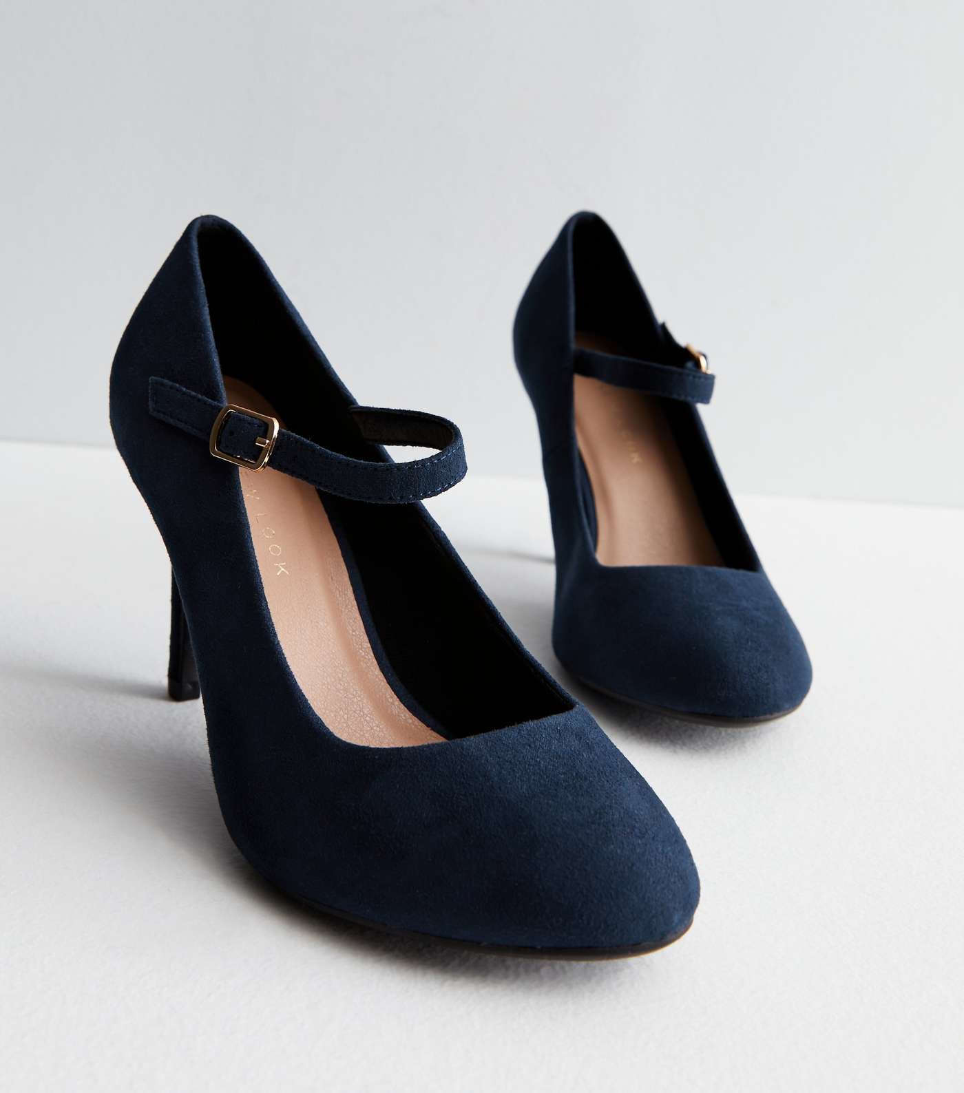 Wide Fit Navy Suedette Rounded Stiletto Heel Court Shoes Image 4