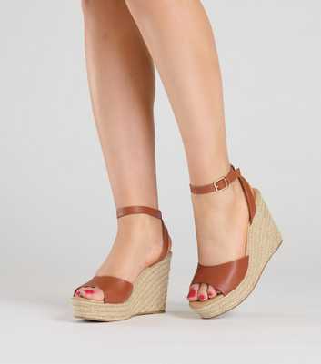 South Beach Tan Leather-Look Espadrille Wedge Sandals