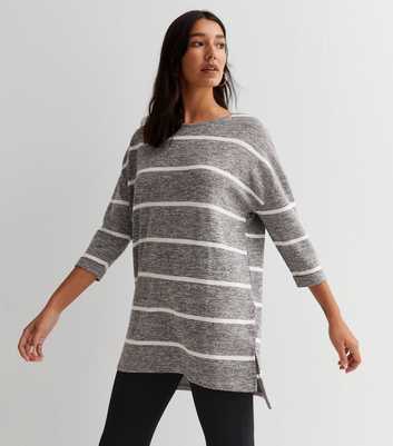 Tall Light Grey Stripe Fine Knit 3/4 Sleeve Top