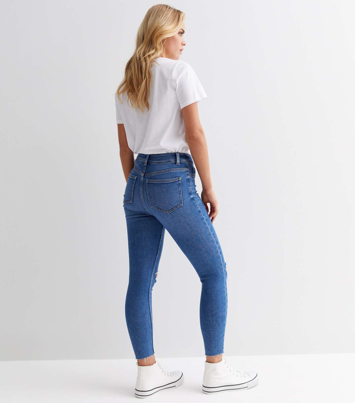 Petite Bright Blue Ripped Knee High Waist Hallie Super Skinny Jeans Image 4