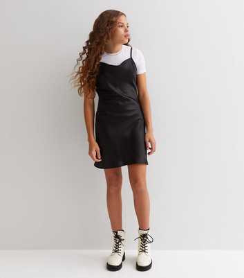 Girls Black Satin Cowl Neck 2-in-1 Dress