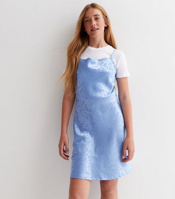 Girls Pale Blue Floral Satin 2 in 1 Dress