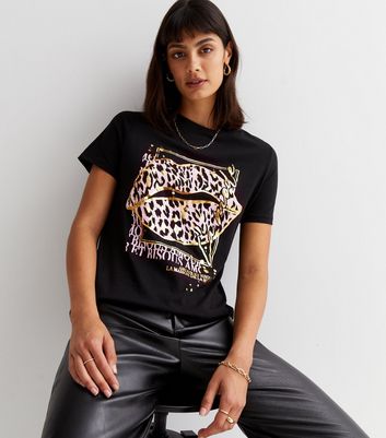 Black Metallic Leopard Lips Logo T-Shirt | New Look