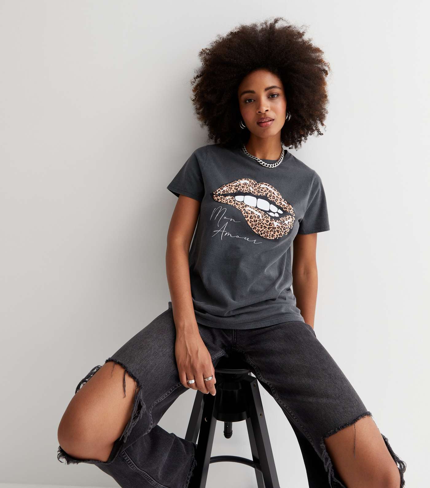 Dark Grey Leopard Print Lips Mon Amour Logo T-Shirt